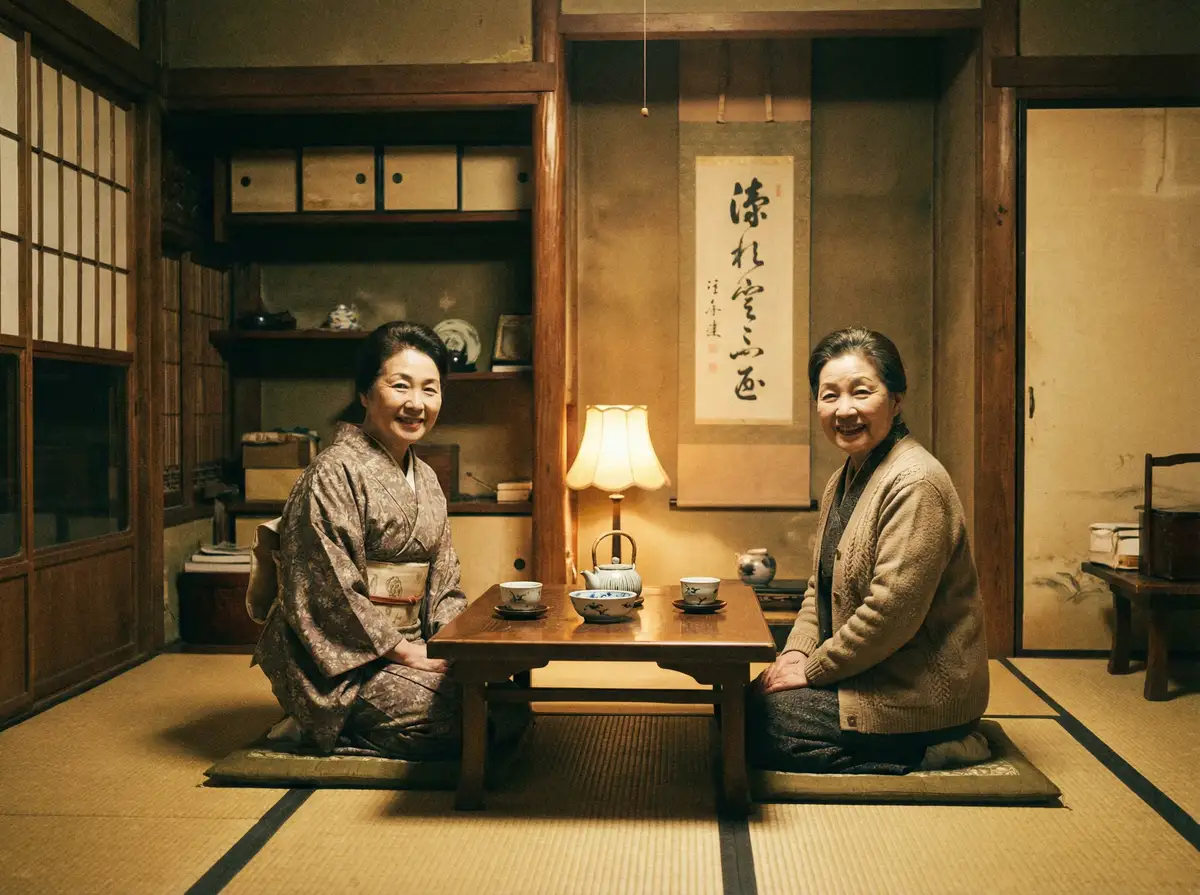 两位优雅的 四根羽毛电影 在日式茶室中品茶交谈